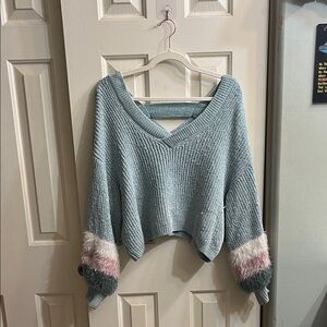 V-Neck Sweater with Colorblock Sleeves